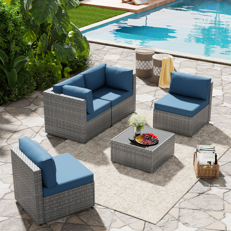Swain Piece Rattan Sofa Seating Group with Cushions Navy