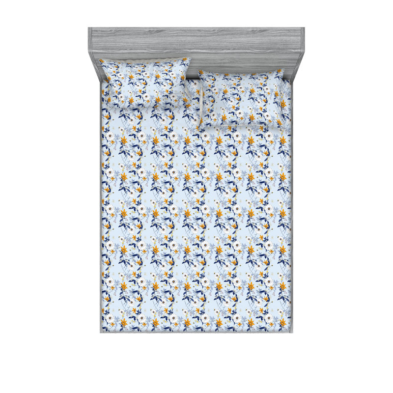 Ambesonne Fitted Sheet & Sham Aloha Hawaii Boho Floral Pale Azure Blue and Apricot