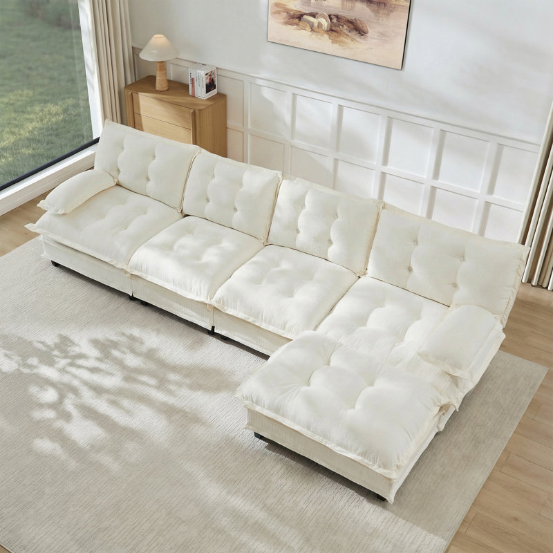 Canapé en forme de L de 138,5 po avec repose-pieds, pour salon, chambre à coucher et appartement, Chenille beige