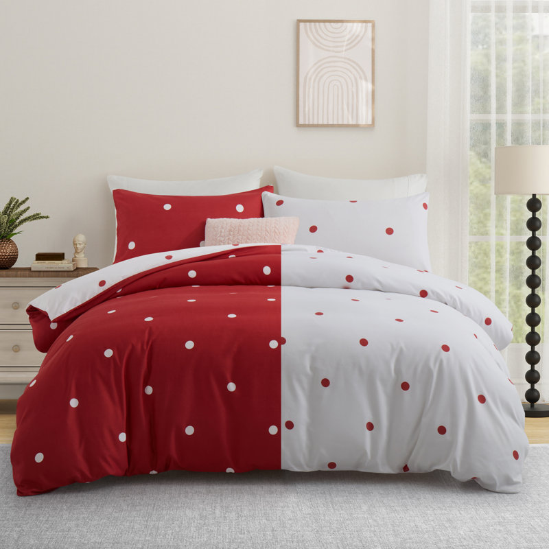 Haffa Microfiber Duvet Cover Set with Pillowcases, Double Duvet Cover + 2 Standard Pillowcases, Red/White Doted