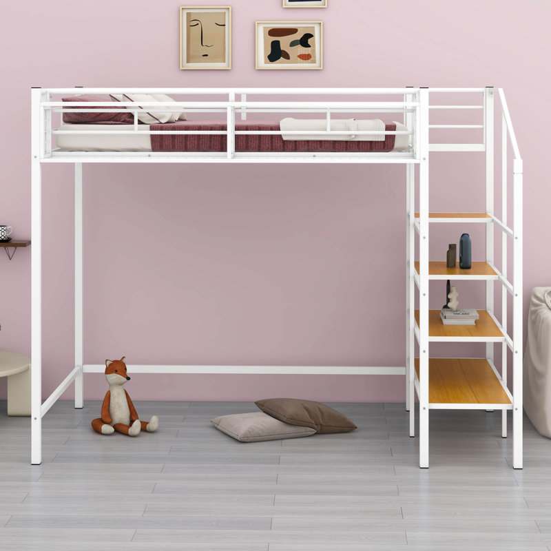 Twin Size Metal Loft Bed With Upper Grid Storage Shelf & Lateral Storage Ladder, White