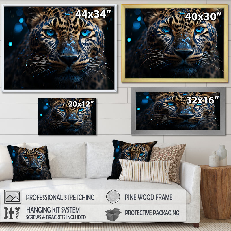 Leopard Nocturnal Sovereign Nightime Blues - impression sur toile encadrée léopard, Cadre simple noir