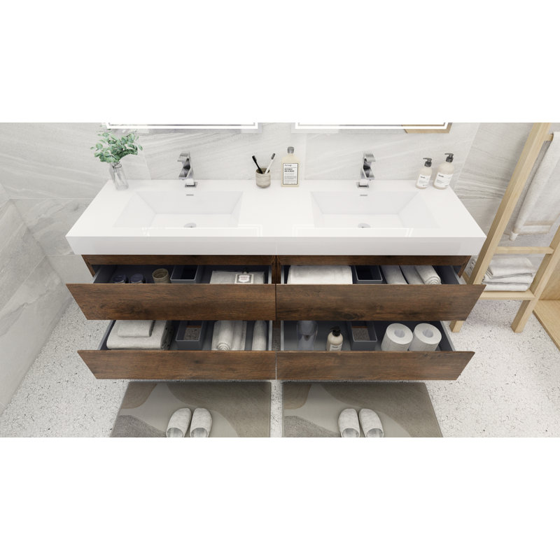 Ensemble de meuble-lavabo double mural 84 po Carnley, Bois de rose