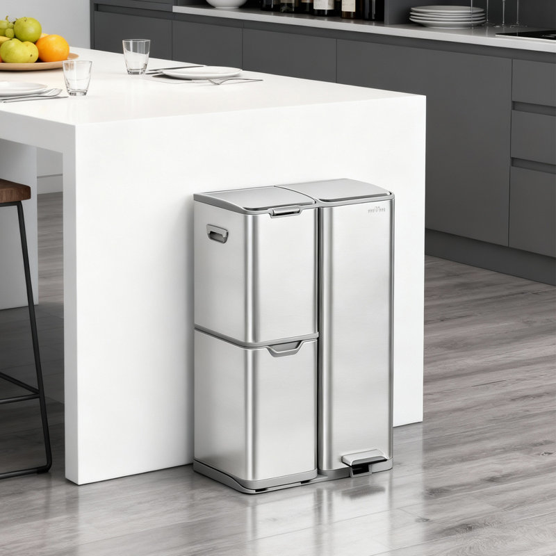 I2 Steel Multi-Compartment Rubbish & Recycling Bin - 60L, Tin