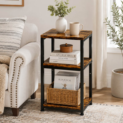 Table d'appoint à 3 niveaux avec tablettes ouvertes et finition brun rustique