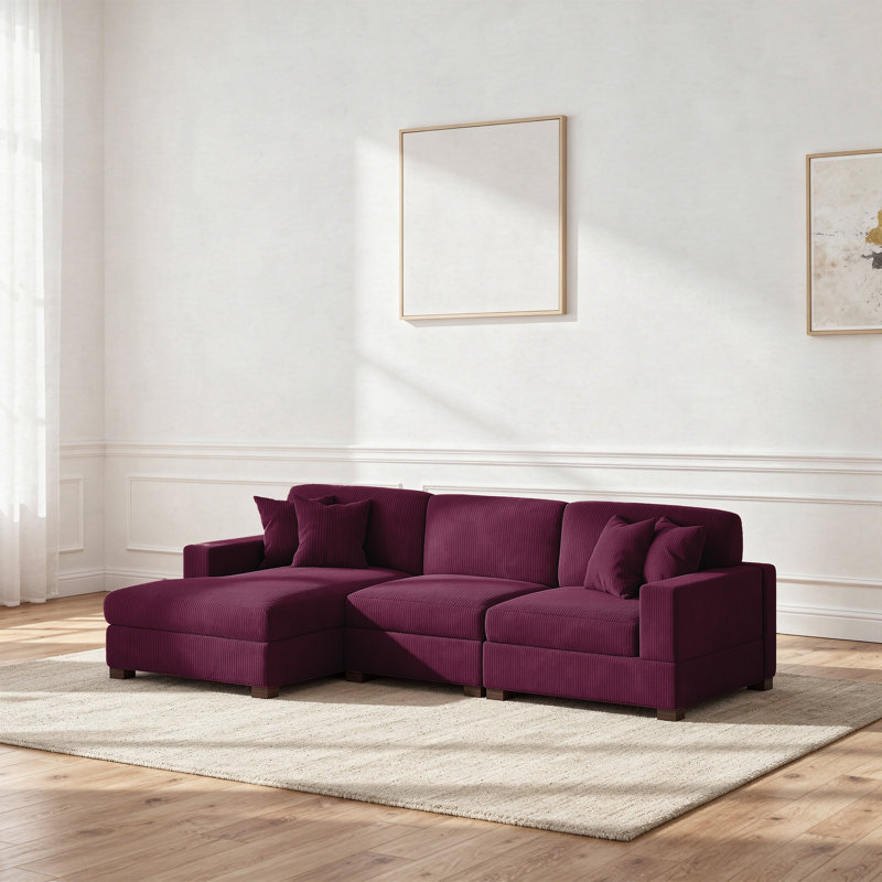 3 - Piece Upholstered Corduroy Modular Sectional Sofa-L, Left Hand Facing, Purple Corduroy