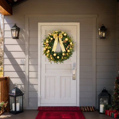 Couronne de Noël verte en PVC de 91 cm (36 po) avec nœud, décorations dorées et pommes de pin