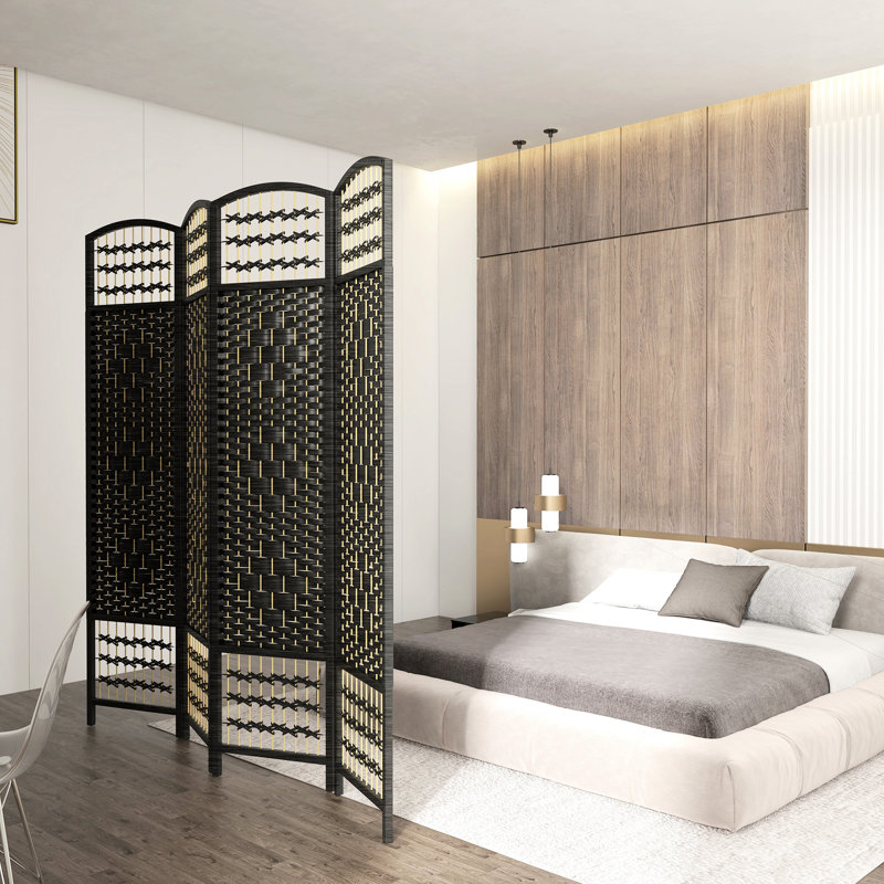 Paravent 4 panneaux pliable noir, écran d'intimité, 5,6 pi, cloison en fibre ondulée, tissé à la main pour la chambre à coucher, le salon, le coin astucieux