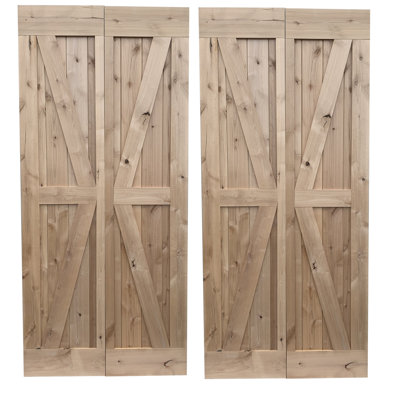 Double porte de grange pliante en bois d'aulne sans finition avec quincaillerie coulissante en bois