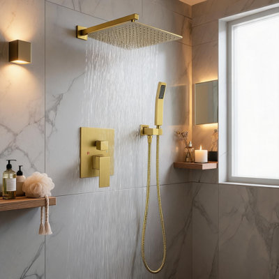 Système de douche à pluie mural 10 pouces en laiton doré et acier inoxydable avec douchette à main