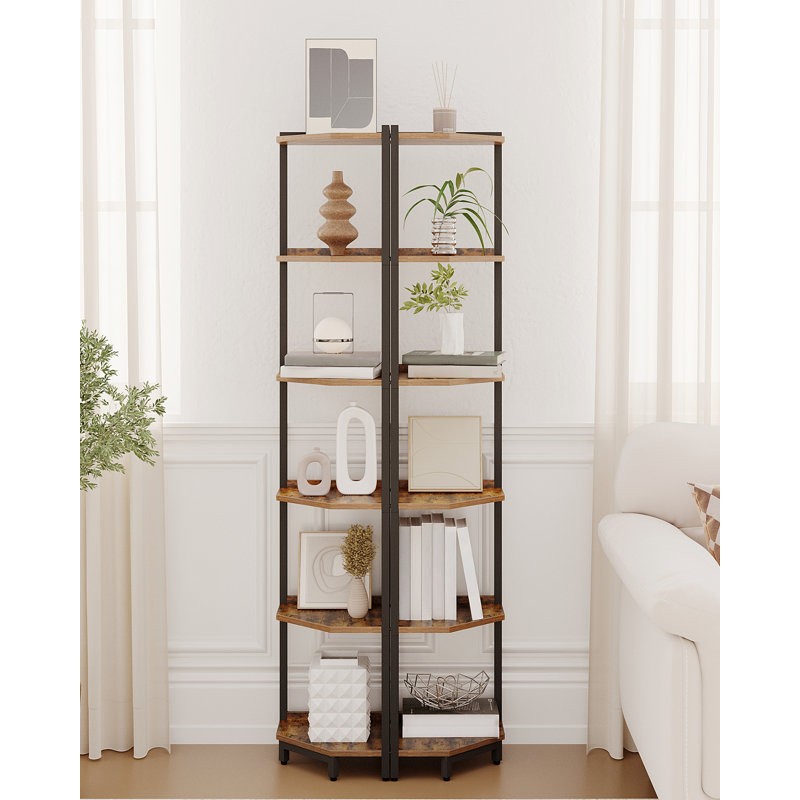 Corner Shelf Stand, Corner Bookshelf, Storage Standing Shelf Unit with Metal Frame, Plant Stand, Bookcase for Living Room, Home Office, Bedroom, 6-Tier Rustic Brown