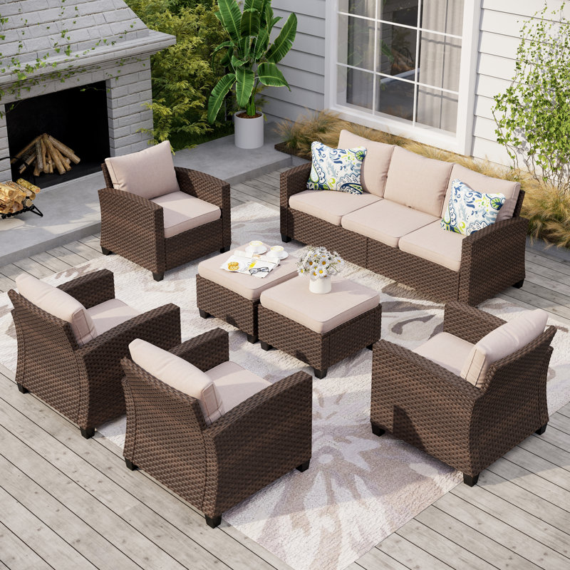 Salem 9-Person Wicker Patio Conversation Set, No, Cushion Pro Beige Performance Canvas