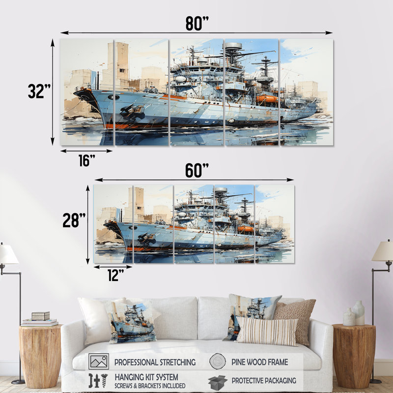 Marine armée, bateau, frégate III, ensemble d'art mural 5 pièces, H 32 po x l 80 po