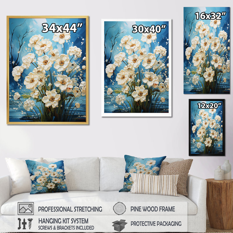 «Blue Flower In Popcorn Serenade», reproduction d'art sur toile, Cadre flottant noir, H 20 po x l 12 po