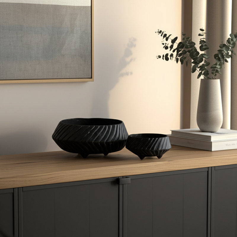 Stylish Footed Decorative Bowl with Ribbed Texture - Modern Accent Bowls for Stylish Home Decor or Bookshelf Styling - Set of 2, 15", 11"
