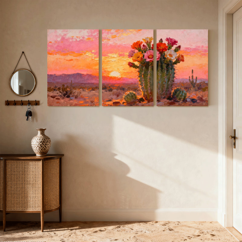 Cactus désert coucher de soleil cactus Bloom, ensemble de 3 reproductions d'art sur toile, H 30 po x l 60 po