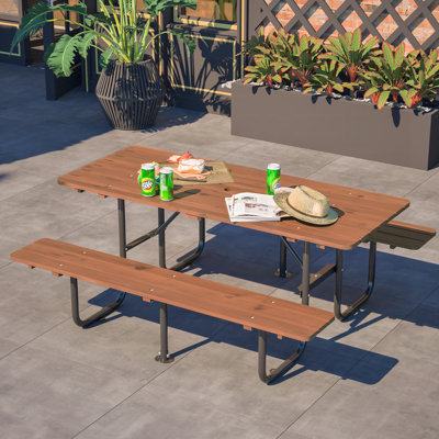 Table de pique-nique rectangulaire pour l'extérieur de 72 pouces pour six personnes, ensemble en bois robuste avec bancs intégrés et trou pour parasol, imperméable et résistant à la corrosion