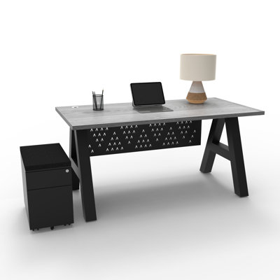 Serenity Modern A-Frame Executive Writing Office Desk, with Modesty and Cushion Top Mobile Storage, 60x30, Grey Oak Top
