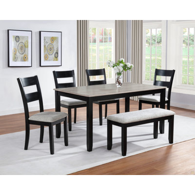 6Pc Dining Set Rectangular Table Features Weathered Grey Finish Wood Grain Wide Slat Backs Padded Seats Upholstered Textured Neutral Fabric Chair Bench