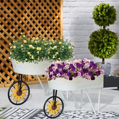Metal Wheelbarrow Flower Cart Planter, 2 Packs Plant Stands With Triangular Support Handles Non-Rolling Wheel Vintage Wagon Planter Pots For Home Patio Garden Backyard Rustic Outdoor Decor