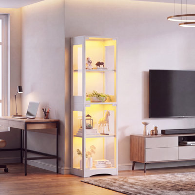 13.7" Narrow Display Cabinet with Adjustable RGB LED Lights & Shelves, Tempered Glass Door Storage Cabinet, Freestanding Curio Cabinet for Collectibles, Figurines, Bedroom, Living Room