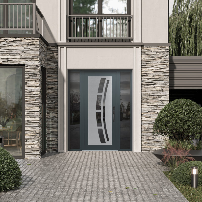 C12 à gauche 68 po X 80 po Panneau d'entrée en verre argenté anthracite et gris anthracite avec 2 portes latérales en verre