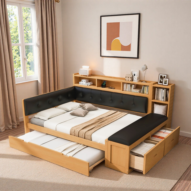 Comfortable Daybed With Trundle, Storage Shelves, Bench, Charging Station And Upholstered Headboard, Black/Natural