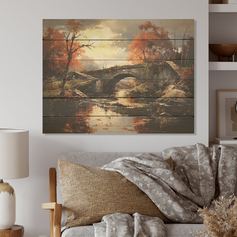 Bridges Sunrise I - Bridges Wood Wall Art On Natural Pine Wood, 10" H x 20" W