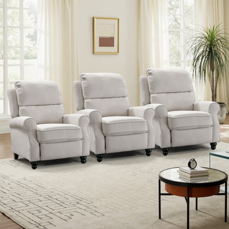 34.5" Classic Fabric Upholstered Push Back Recliner With Wooden Legs (Set Of 3 ), Beige