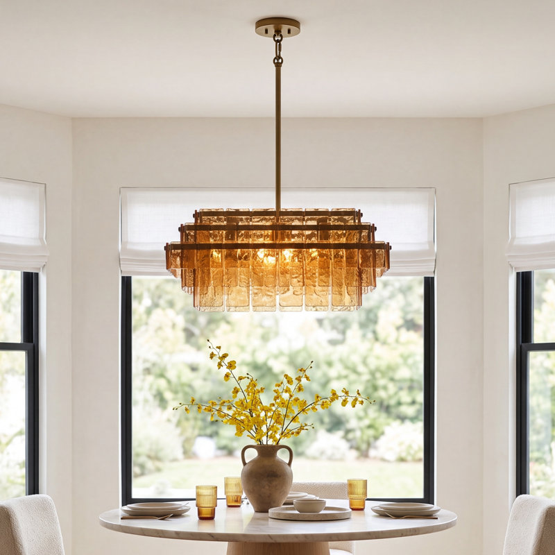 4-Light  Rectangular Layered Amber Glass Chandelier