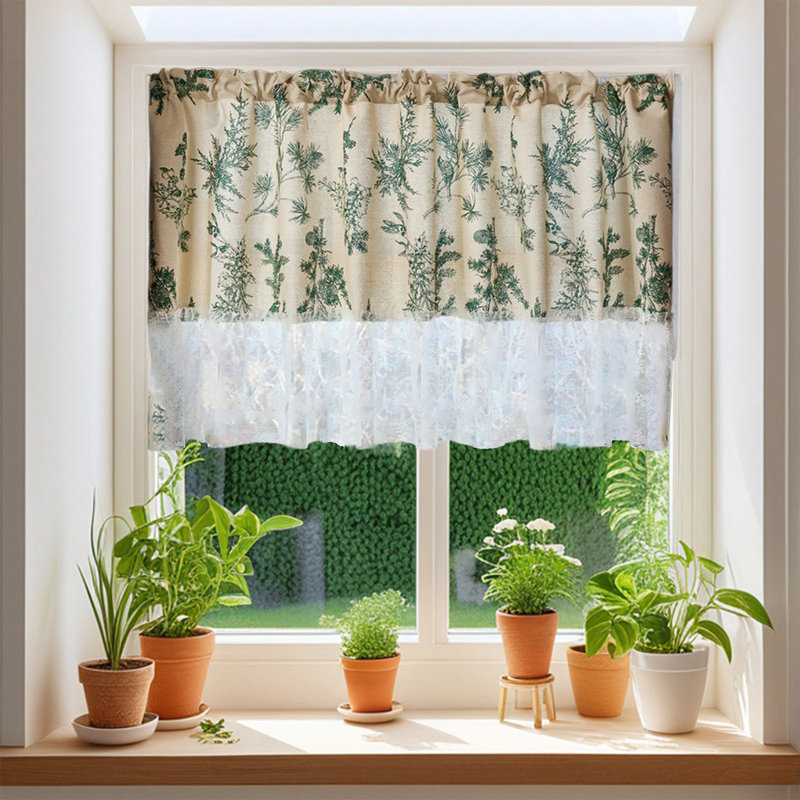 Kbndieu Floral Print Cafes Curtains Lace Edge Tiered Window Valance Shade Curtains for Kitchen and Bathroom Cafes