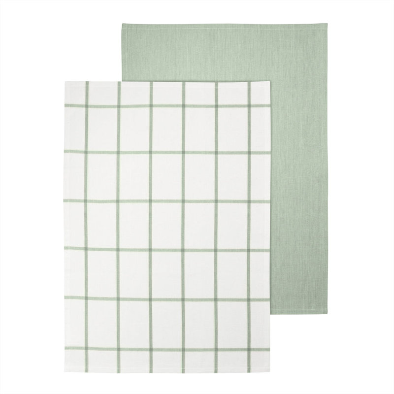 TAULO Organic Cotton Tea Towels - Set of 2 - Desert Sage Grid, Block Print, Green