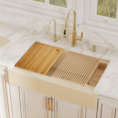 Karran 34" Apron Front Single Bowl Quartz Kitchen Sink Kit in Bisque