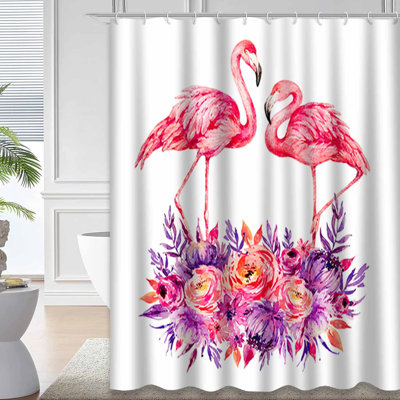 Flamingo Flowers Watercolor Sketch Botanical Animal Shower Curtain with 12 Hooks