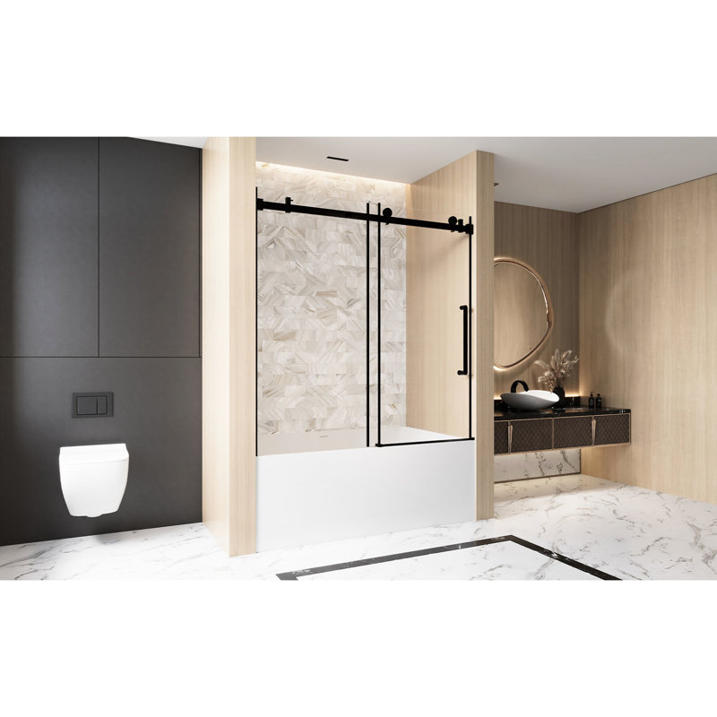 Single Sliding Shower Door 56 - 60 "W X 60" H, 6Mm Clear Tempered Glass, Matte Black Finish, Film, Stainless Steel Handle And Track, American Design For Bathroom, Large Wheels Stable Quiet Glide,