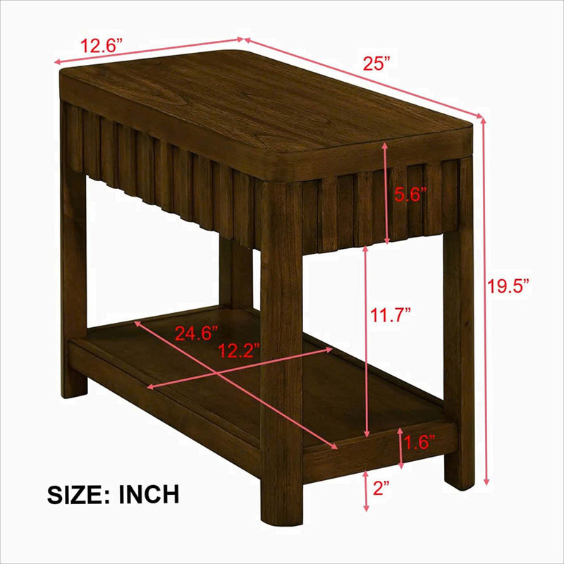 Rectangular End Table with Storage Shelf and Wood Legs, Dark Walnut