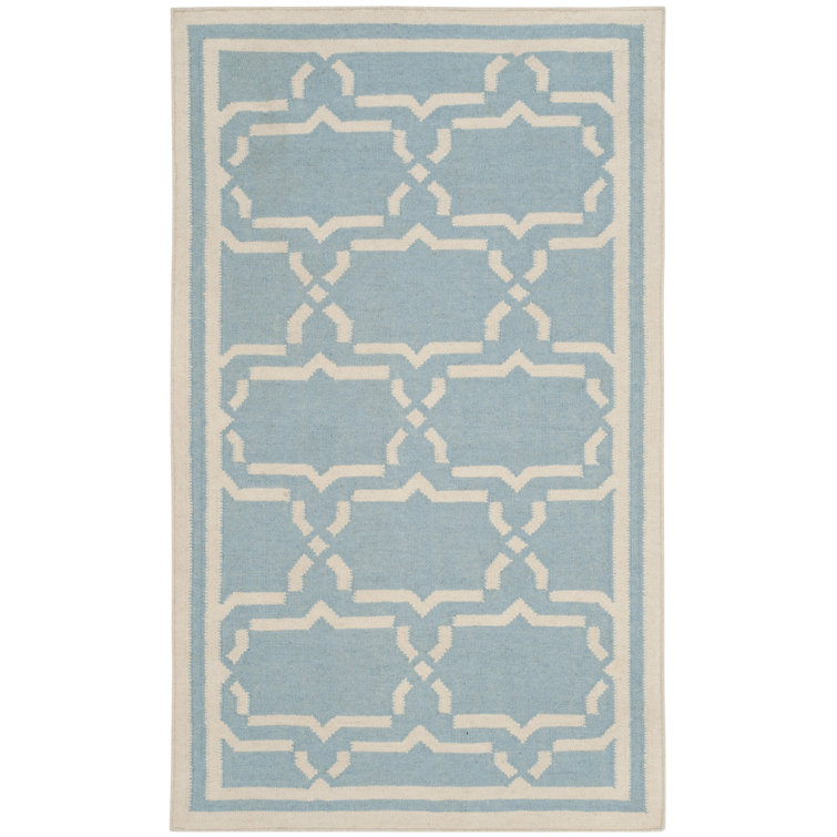 Rodgers Hand Woven Flat Weave Wool/Cotton Geometric Rug in Light Blue/Ivory