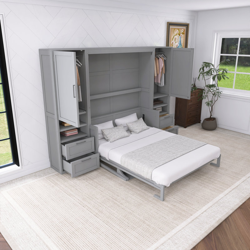 Grand lit escamotable mural gris avec placard, Gris