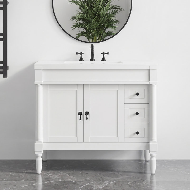 Meuble-lavabo autoportant blanc 36 po avec lavabo en céramique, portes à fermeture en douceur, tiroirs et tablette réglable pour salle de bain et airbnb
