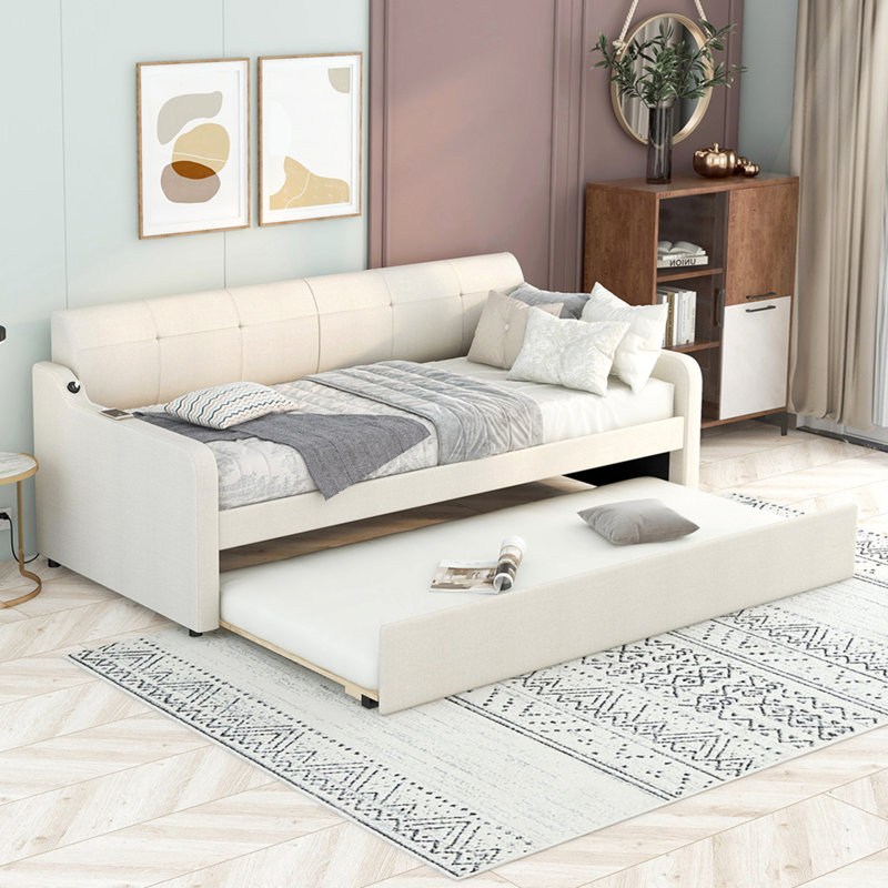 Lit de jour simple rembourré avec lit gigogne et conception de chargement USB, le lit gigogne peut être plat ou érigé, beige