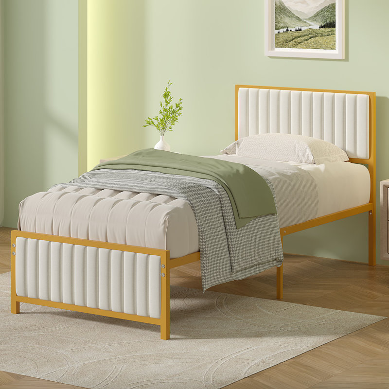 Single/Double Metal Platform Bed Frame With Upholstered Headboard And Footboard, No Box Spring Needed, Grey/Beige, Dark Grey
