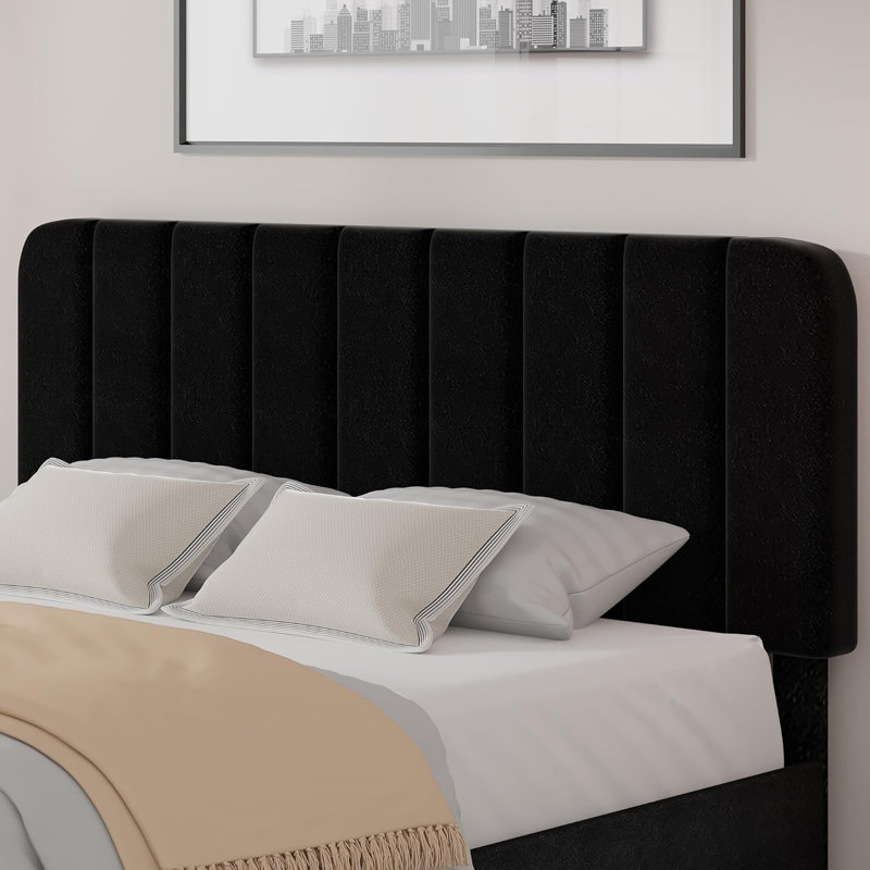 Base de lit pleine grandeur avec tête de lit réglable Haywards, lits plateforme robustes en velours avec support en lattes de bois massif, aucun sommier requis, noir