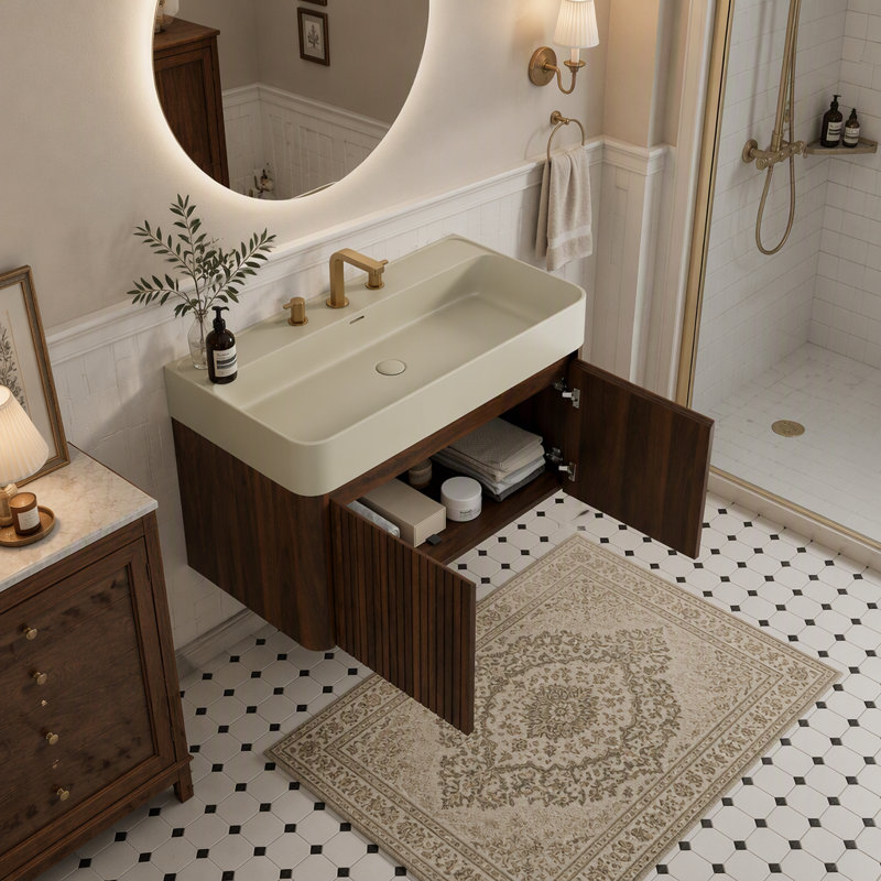 Meuble-lavabo suspendu avec lavabo intégré en surface solide et armoire de rangement en bois de noyer pour les maisons modernes