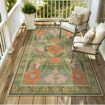 Tapis d'extérieur lavable à motif floral vert campagne 5X8, tapis en filet à séchage rapide antidérapant pour terrasse