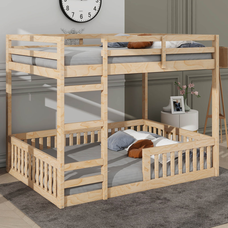 Lit superposé en bois double avec lit double et échelle de sécurité, Naturel