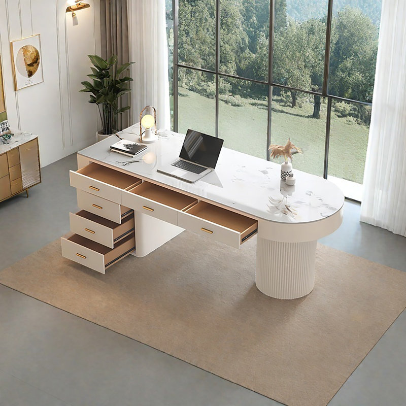 62.99"semi-circle Sintered Stone Office Desk, Modern Minimalist With Drawers, 29.53" H x 62.99" W x 27.56" D
