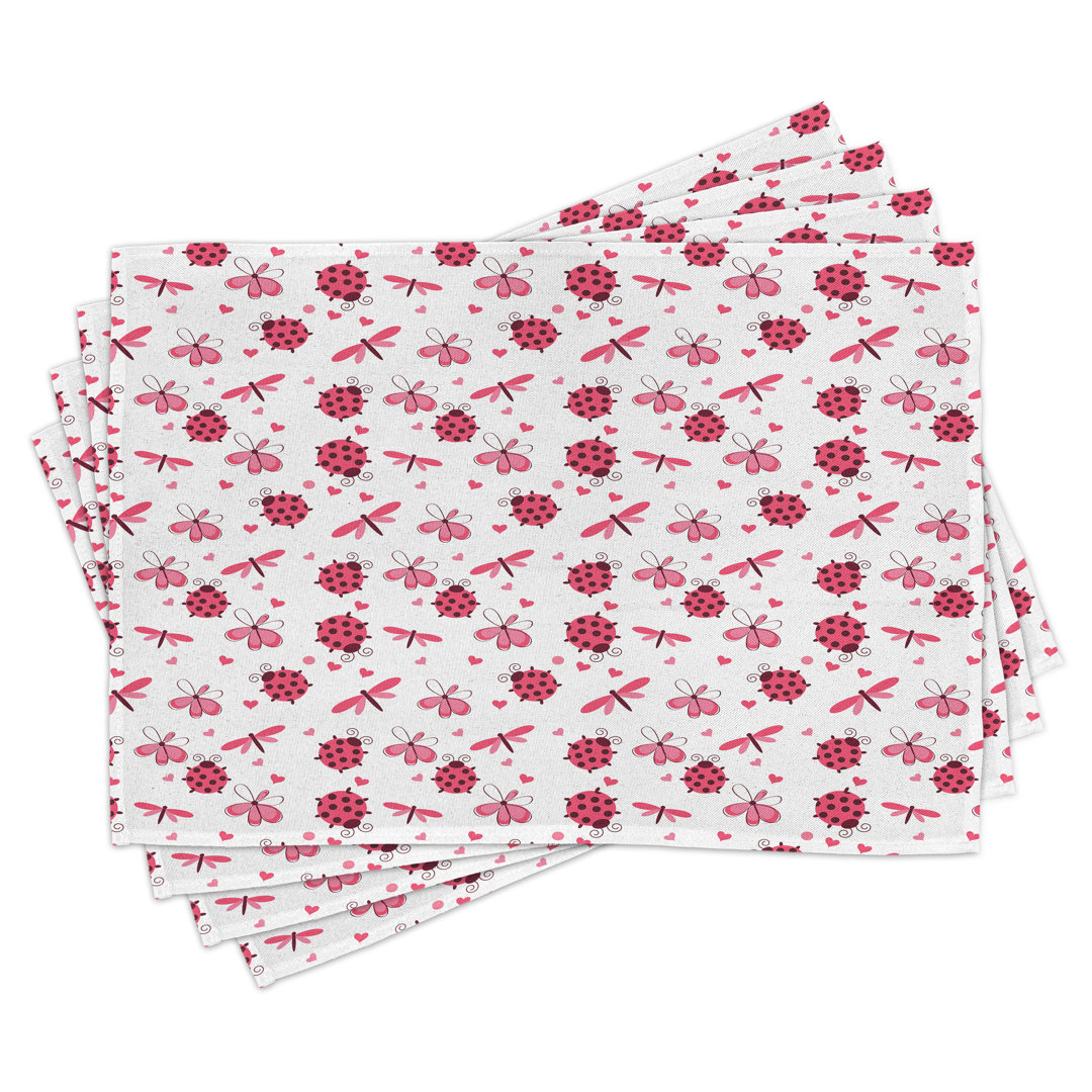 Platzdeckchen 4er Set, Libelle Marienkäfer Herzen, Weiß Rosa