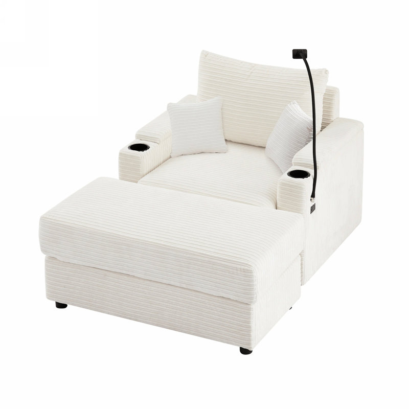 Canapé beige avec options de rangement et mobilité. Mobile, 2 ports, porte-gobelets, porte-téléphone. Épais. Velours côtelé, siège de soutien