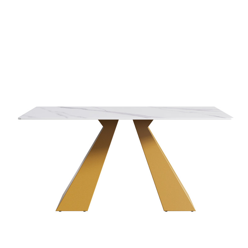 Table de salle à manger moderne 63 po blanche avec panneau en pierre frittée de 12 mm d'épaisseur et pieds en métal doré - 6 places, rayure, capacité de chaleur 6, teinture facile