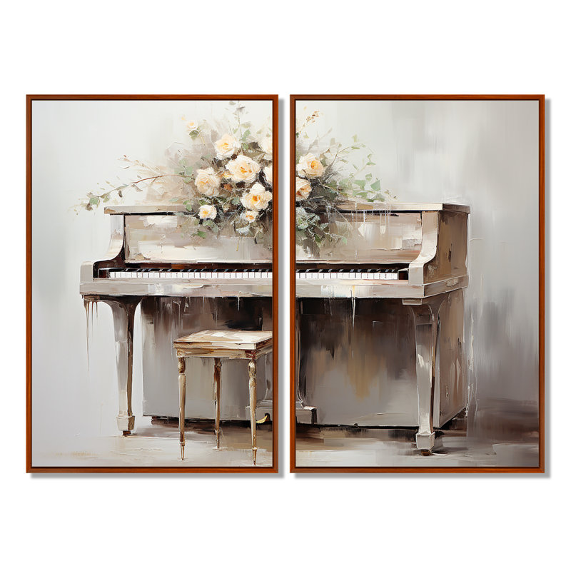 White Timeless Floral Piano - White Wall Art 2-Pieces, 36" H x 48" W, Impression encadrée flottante, Brown